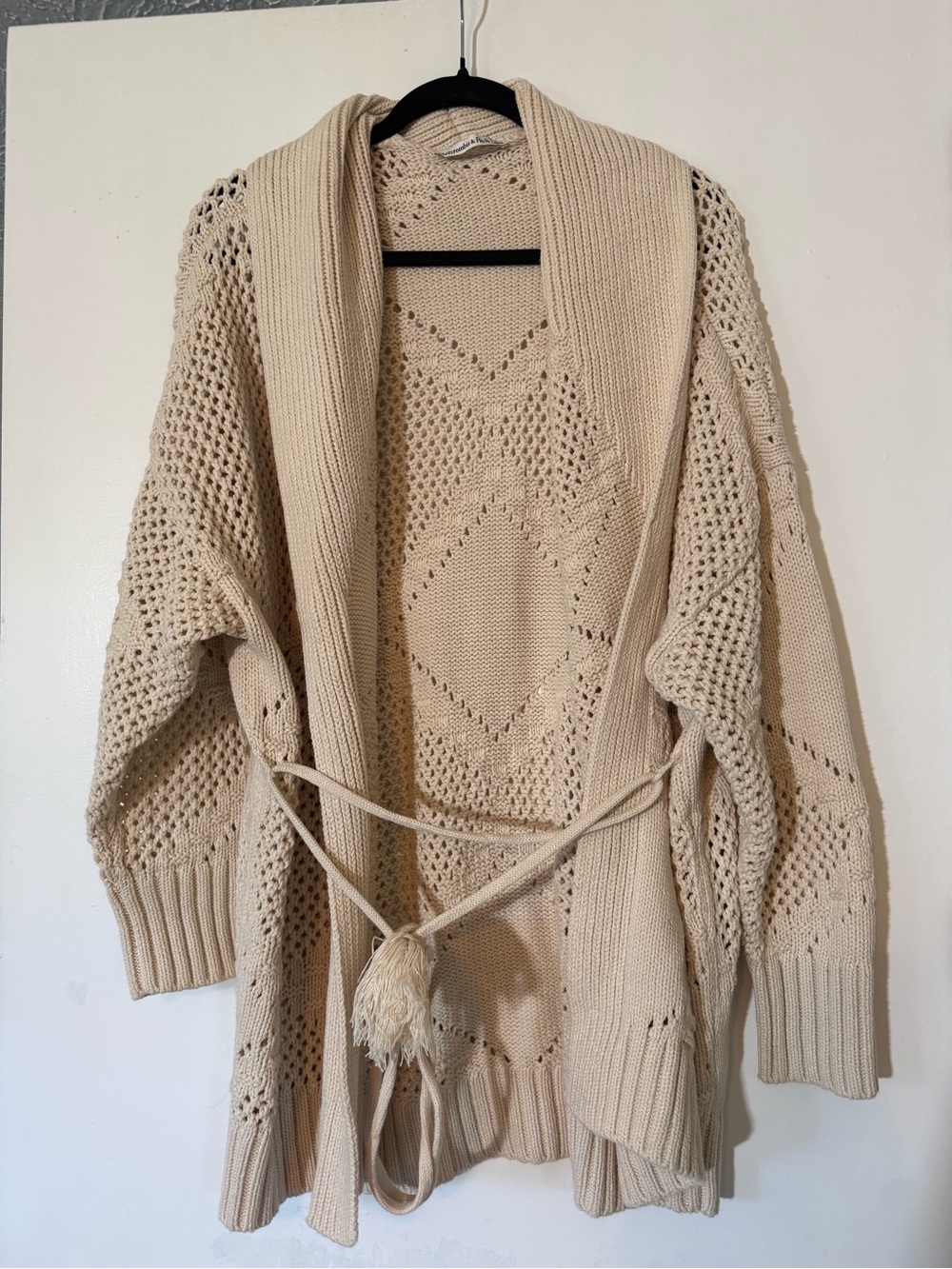 Abercrombie & Fitch Cream Open-Knit Shawl Cardigan with Tassel Belt